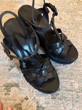 Women's Black Leather Braided Wedge Sandals